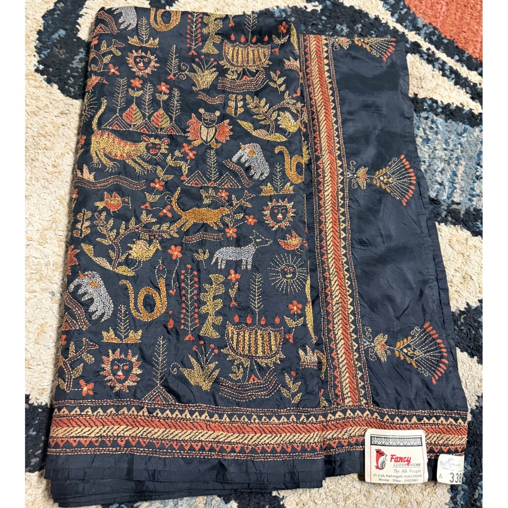 VTG Fancy Cloth Store Silk Saree Kantha Embroidery Animal Motif Navy Blue India